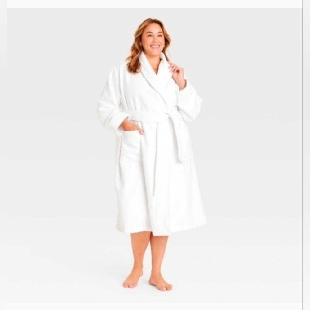 Auden Womens Solid Heavyweight Terry Robe Shawl Collar White Size XL/XXL